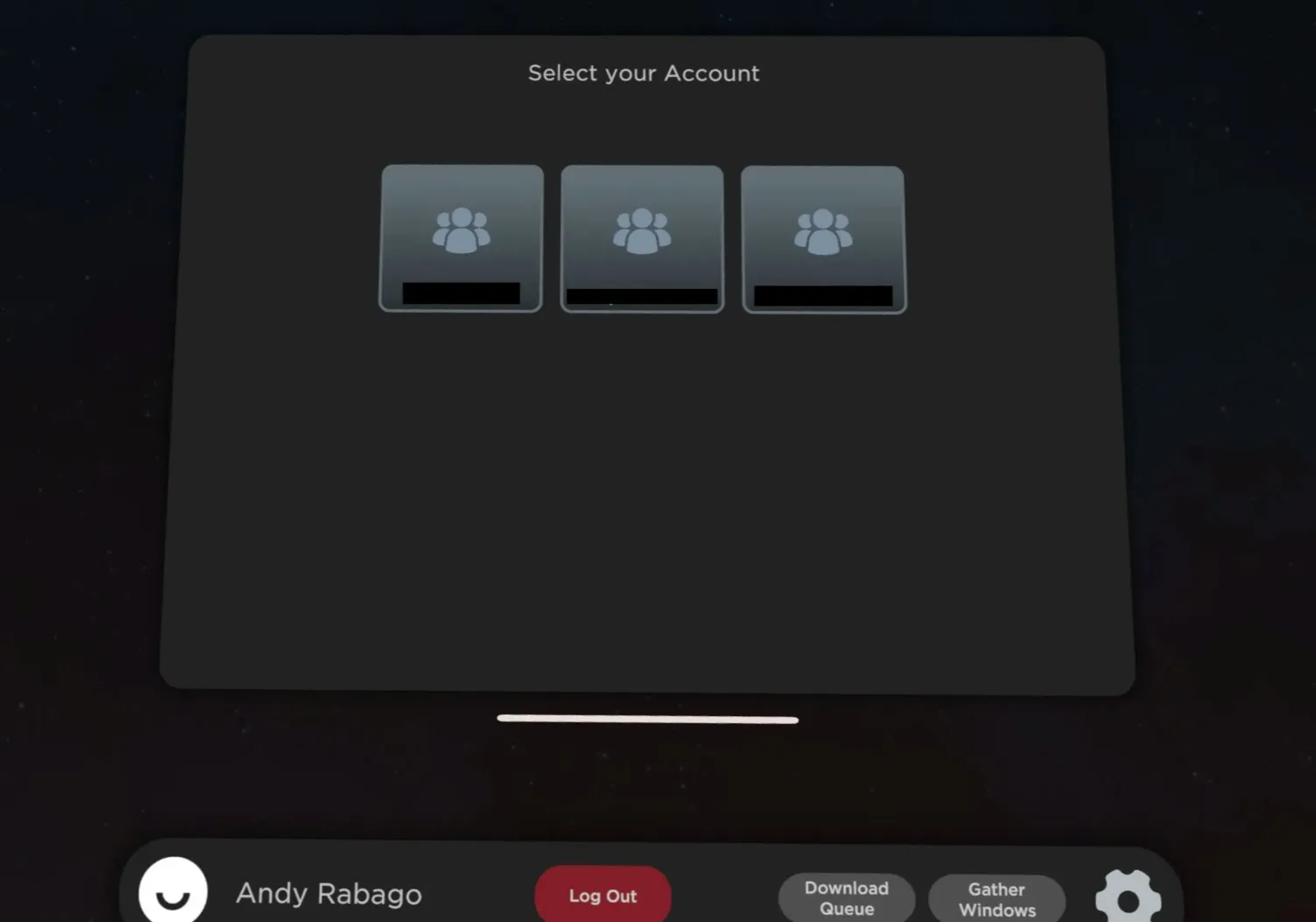 The Select your Account panel in the headset with three account tiles, above the bottom bar with Log Out, Download Queue, Gather Windows and Settings.