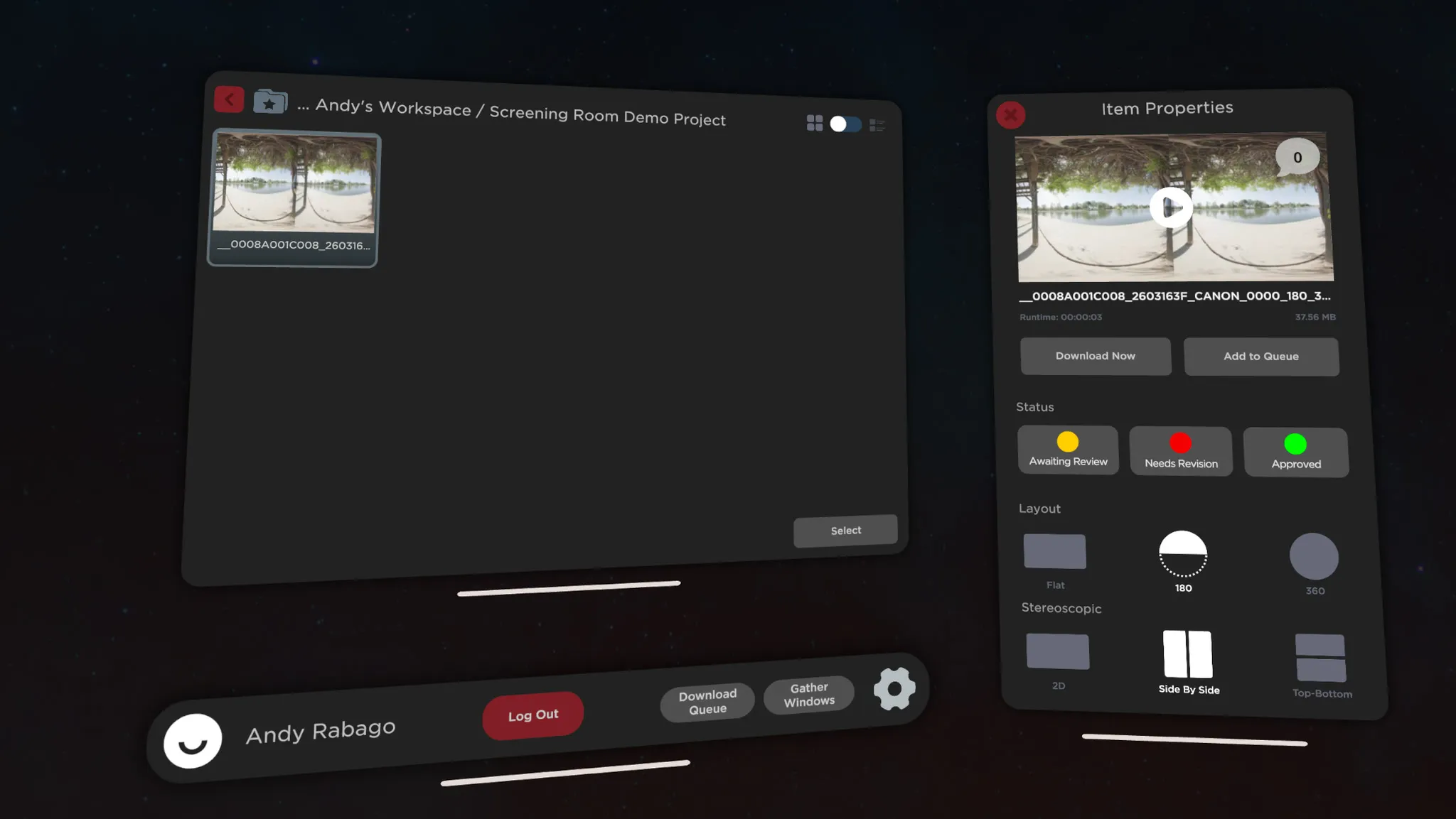 The file browser with a 180° clip selected and Item Properties beside it: a play button over the preview, Download Now and Add to Queue, status buttons, and layout and stereoscopic options.