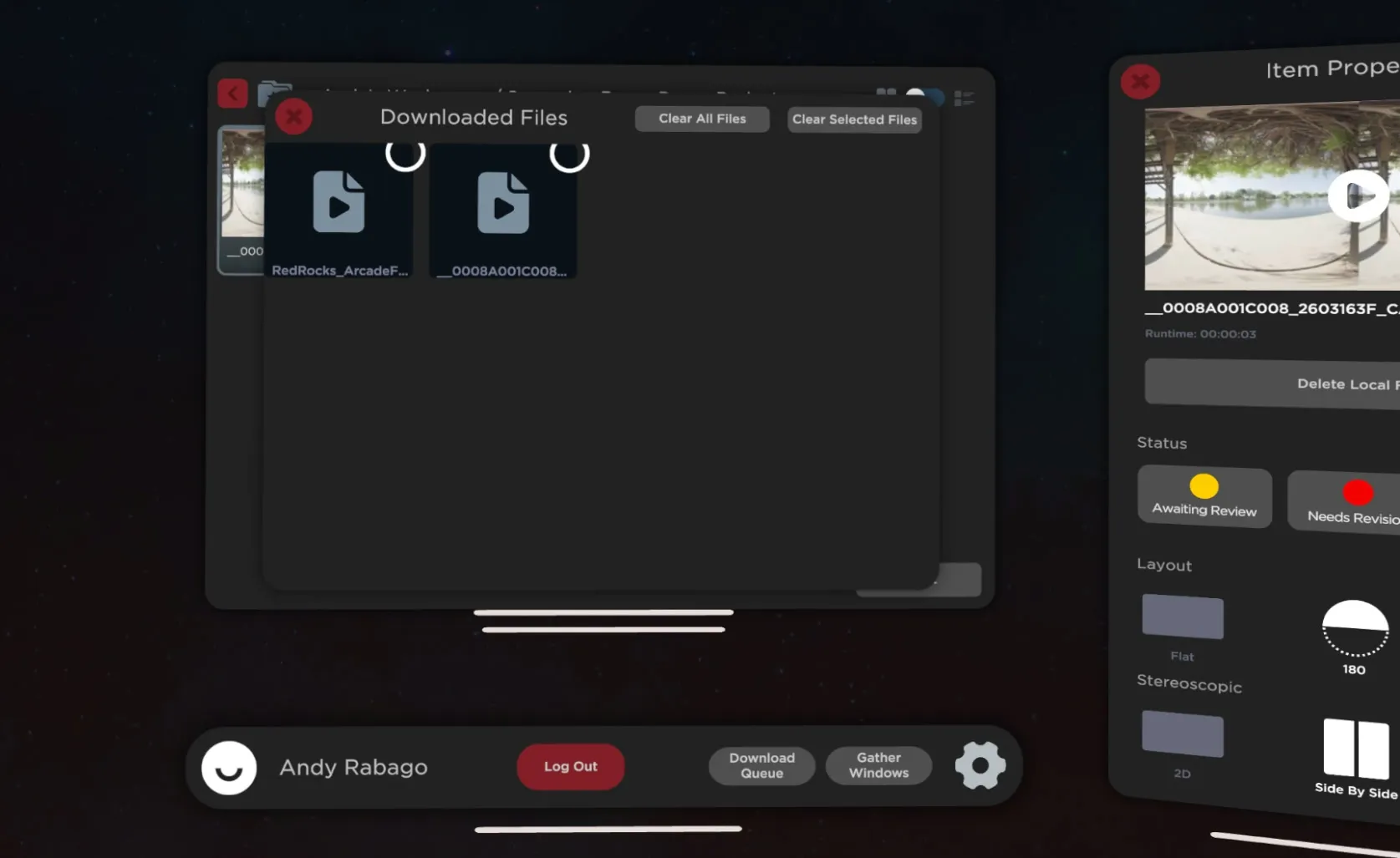 The Downloaded Files window with two downloaded clips and Clear All Files and Clear Selected Files buttons.