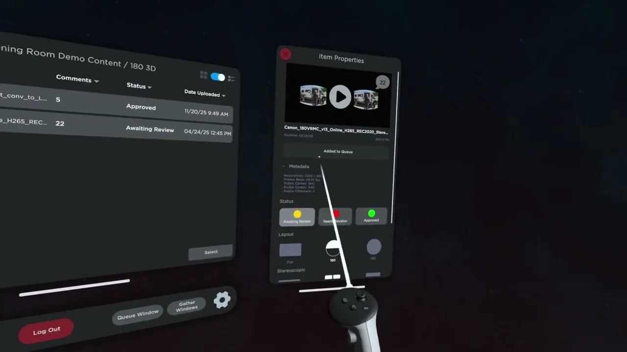 The Download Queue window beside the file browser, with a clip being added from Item Properties.