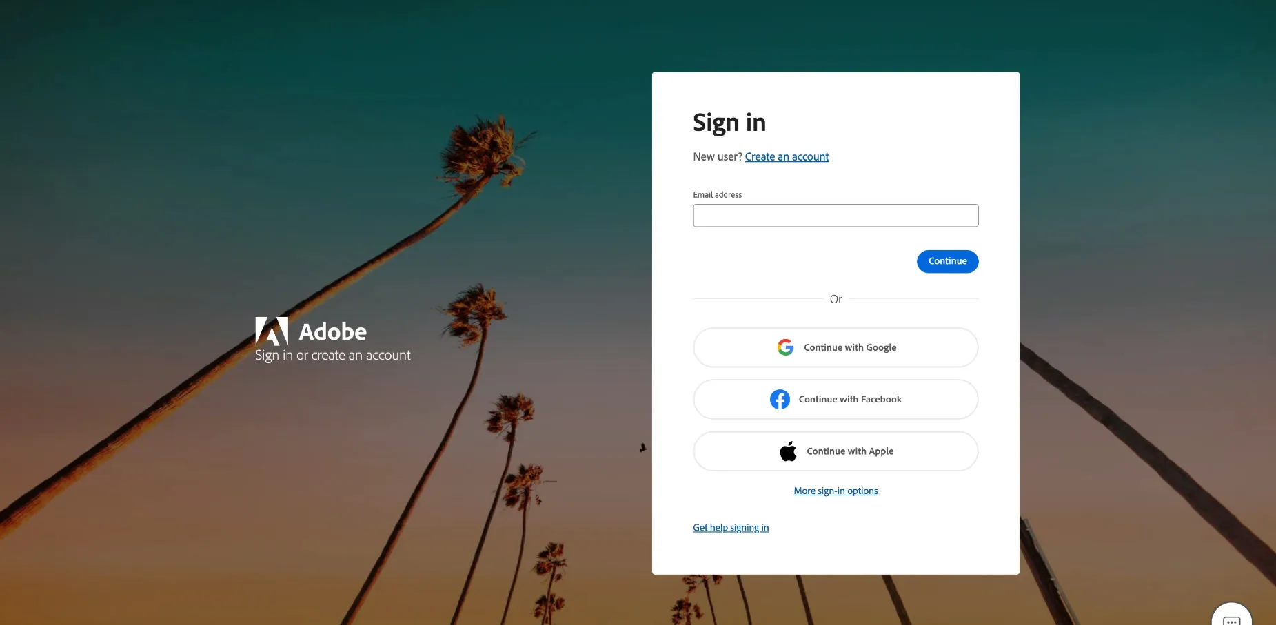 Adobe's Sign in page in a desktop browser, with an email address field and a Continue button.
