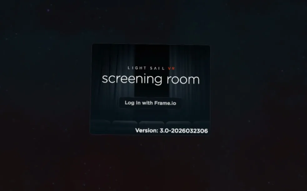 The Screening Room launch window in the headset: the screening room wordmark above a Log in with Frame.io button, with the version number below.