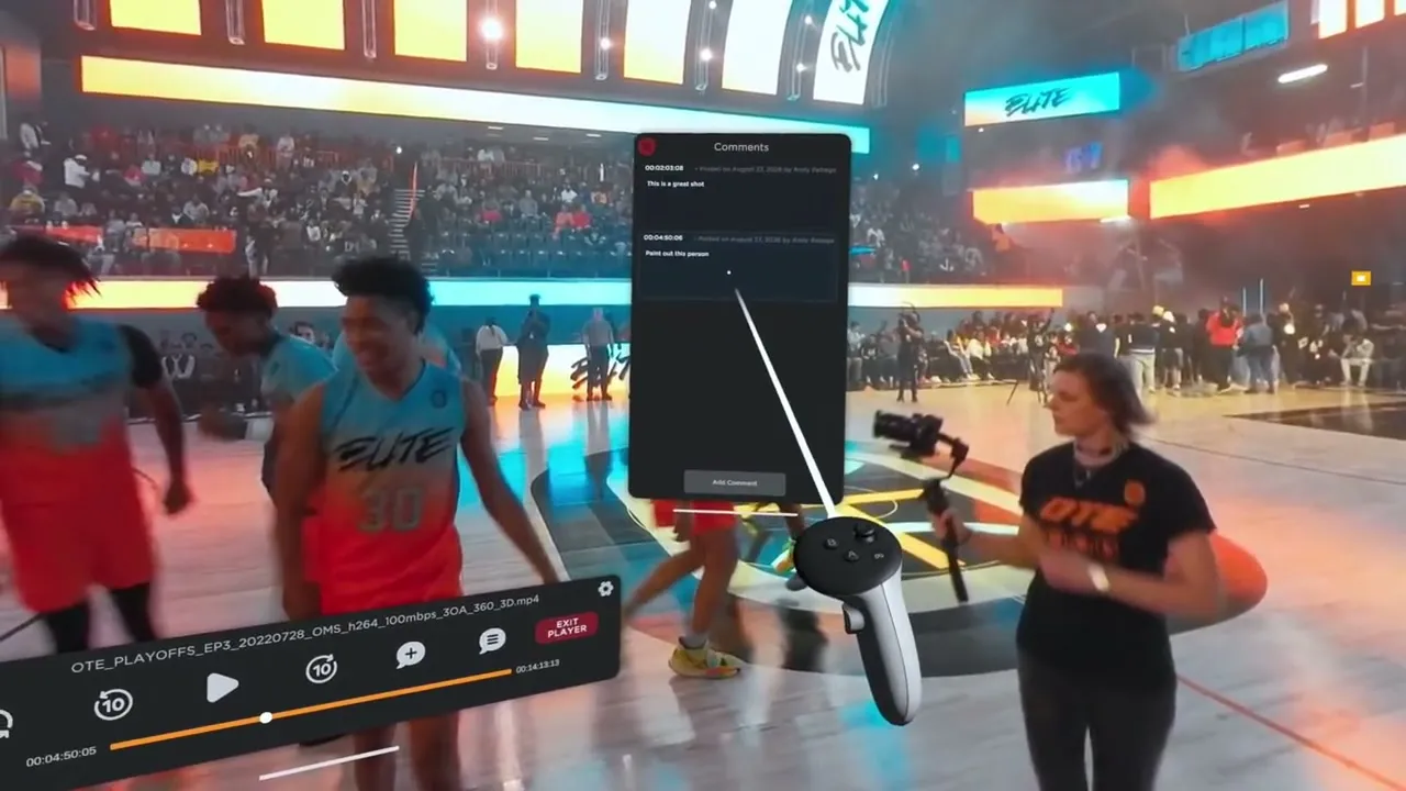 The Comments window beside the player over a 360° basketball clip, listing timecoded comments.