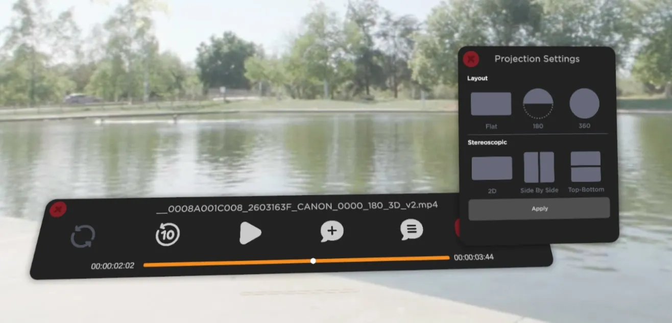 The Projection Settings panel open above the transport, with Layout (Flat, 180, 360) and Stereoscopic (2D, Side By Side, Top-Bottom) options and an Apply button.