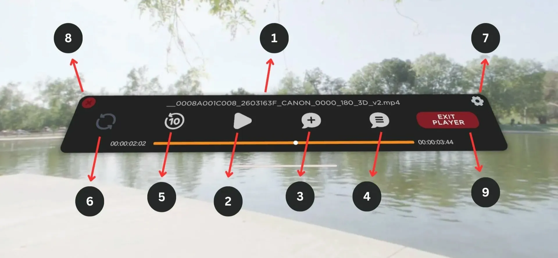 The video transport over a 180° clip of a lake, with its controls numbered 1 to 9.