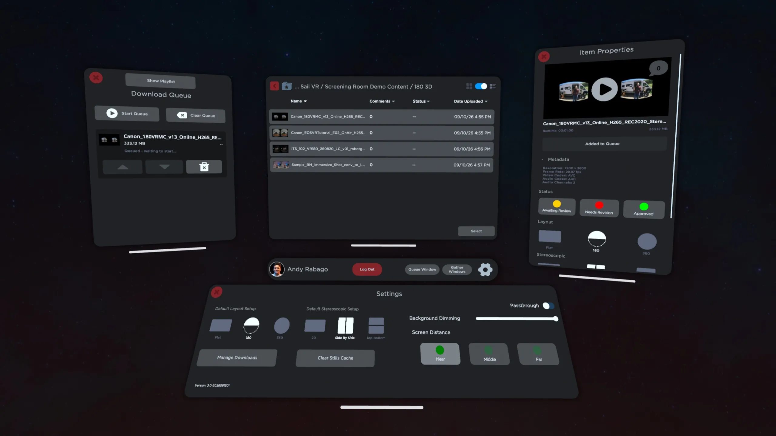 Screening Room panels floating in the headset: a download queue, a Frame.io file list with comment counts, statuses and upload dates, an Item Properties panel, and Settings below.