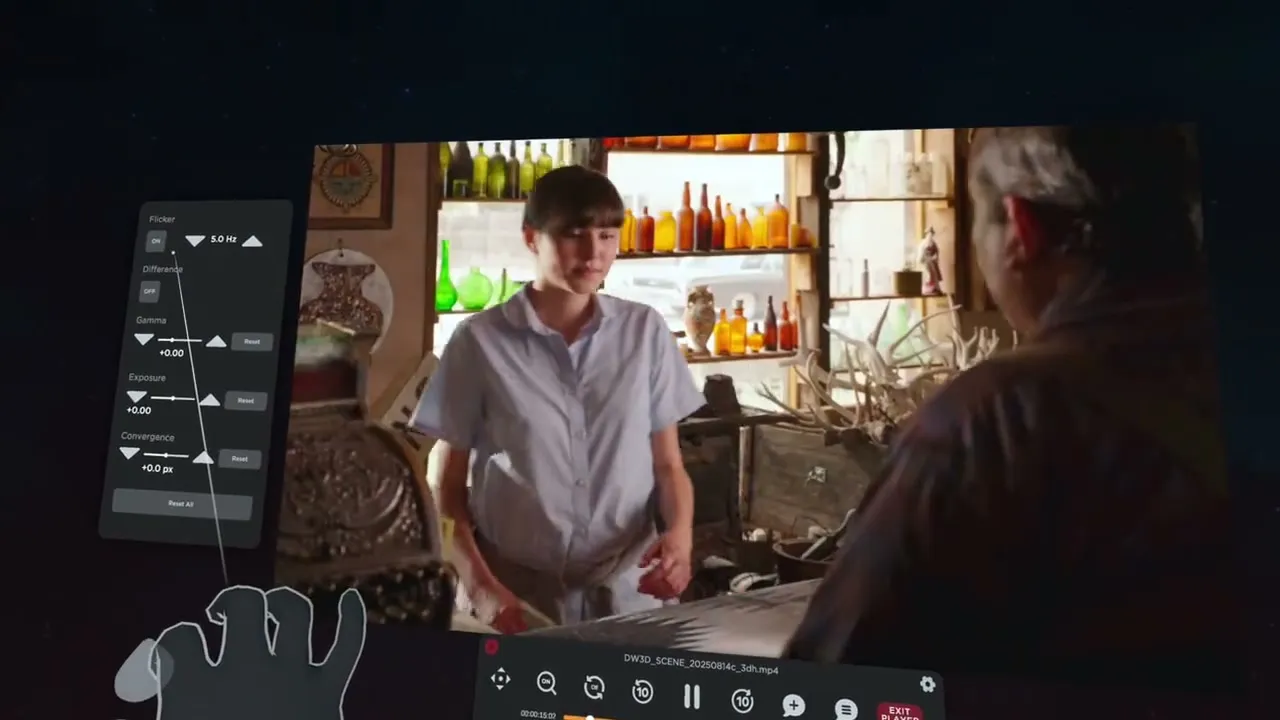 A 3D film scene playing on a flat screen in the headset, with a panel of per-eye adjustment sliders to its left.